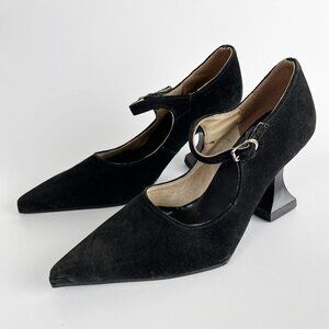John Fluevog Suede Leather Pointed Square Toe Chunky Curve Heel Mary Jane Witchy